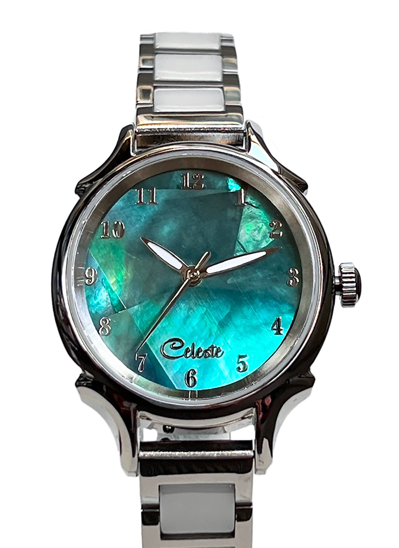 Emerald Eyes 30mm abalone dial women's watch with a stainless steel with white ceramic links bracelet.