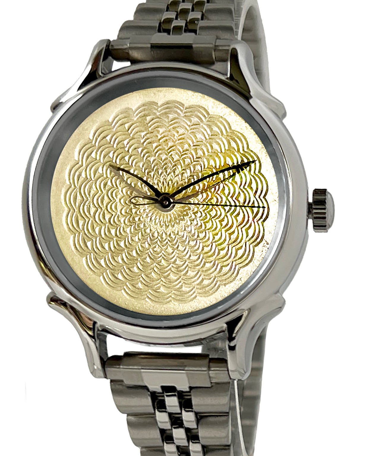 A 32mm quartz watch featuring a hand-turned guilloè dial with a honey glow enamel pattern, surrounded by a silver hypoallergenic stainless steel case and bracelet.