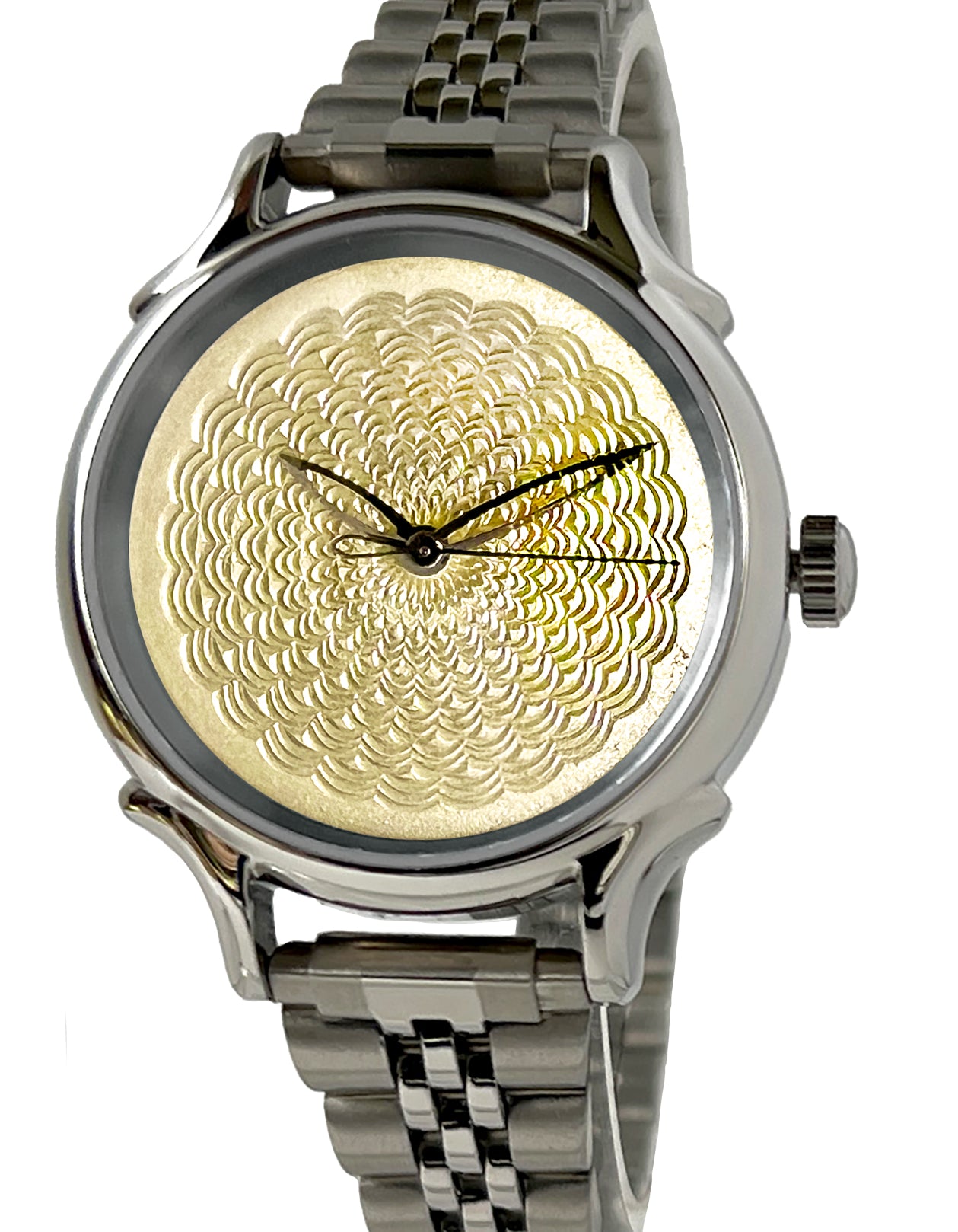 A 32mm quartz watch featuring a hand-turned guilloè dial with a honey glow enamel pattern, surrounded by a silver hypoallergenic stainless steel case and bracelet.