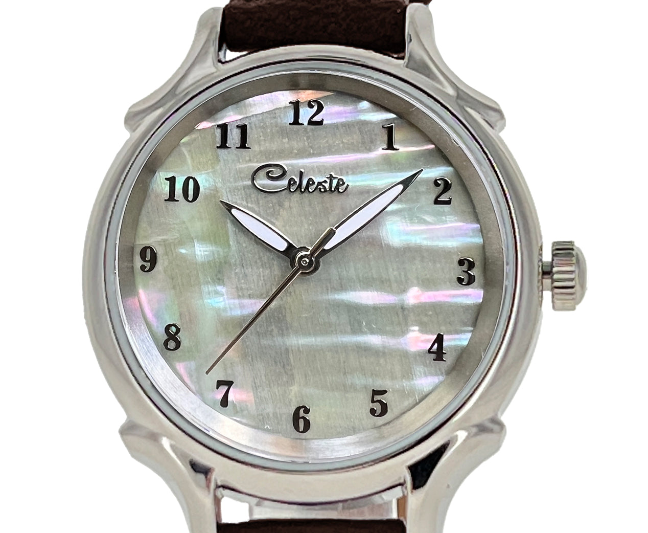 30mm Agoya abalone women's watch dial with a brown vegetable tanned leather band.