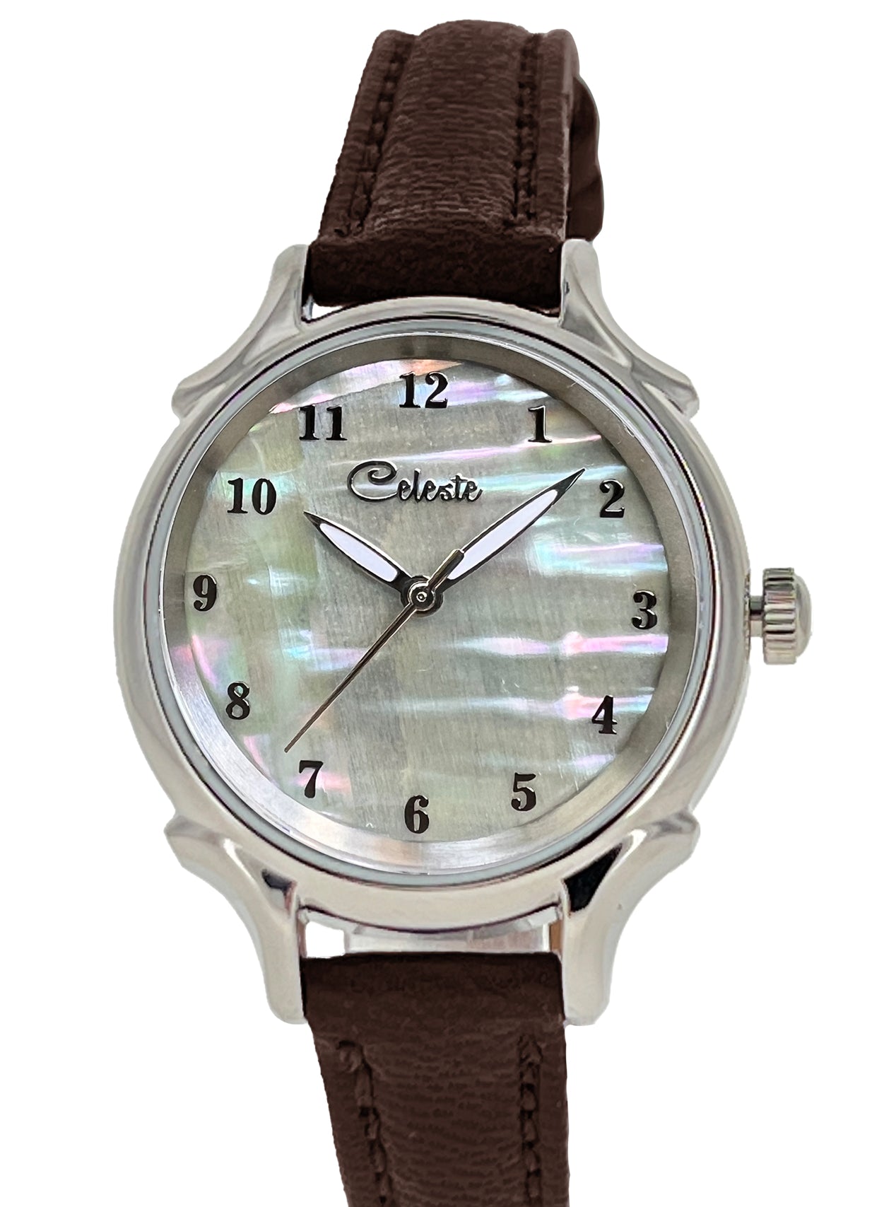 30mm Agoya abalone women's watch dial with a brown vegetable tanned leather band.
