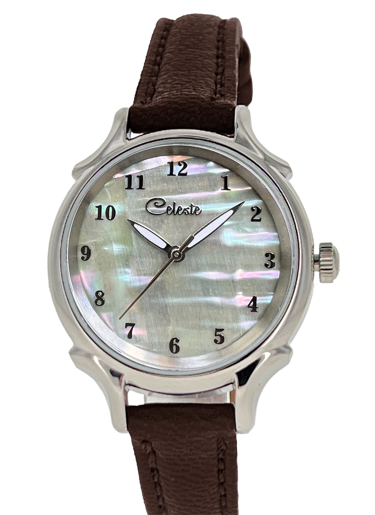 30mm Agoya abalone women's watch dial with a brown vegetable tanned leather band.