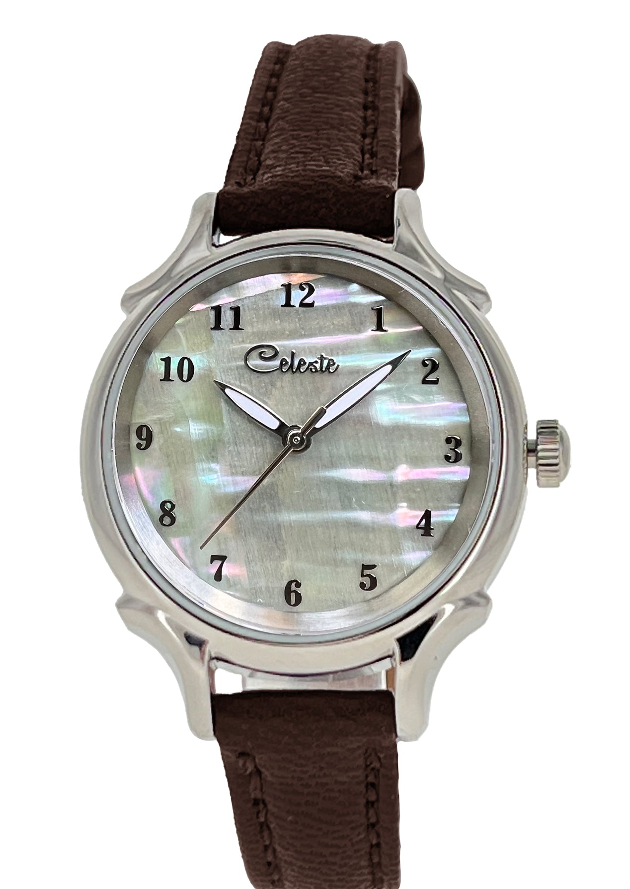 30mm Agoya abalone women's watch dial with a brown vegetable tanned leather band.