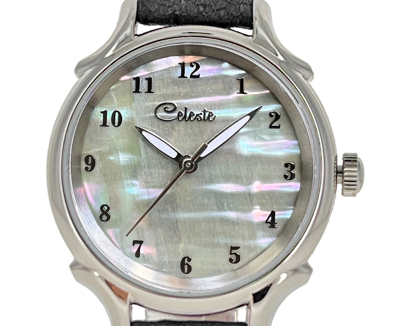 30mm Agoya abalone women's watch dial with a grey vegetable tanned leather band.
