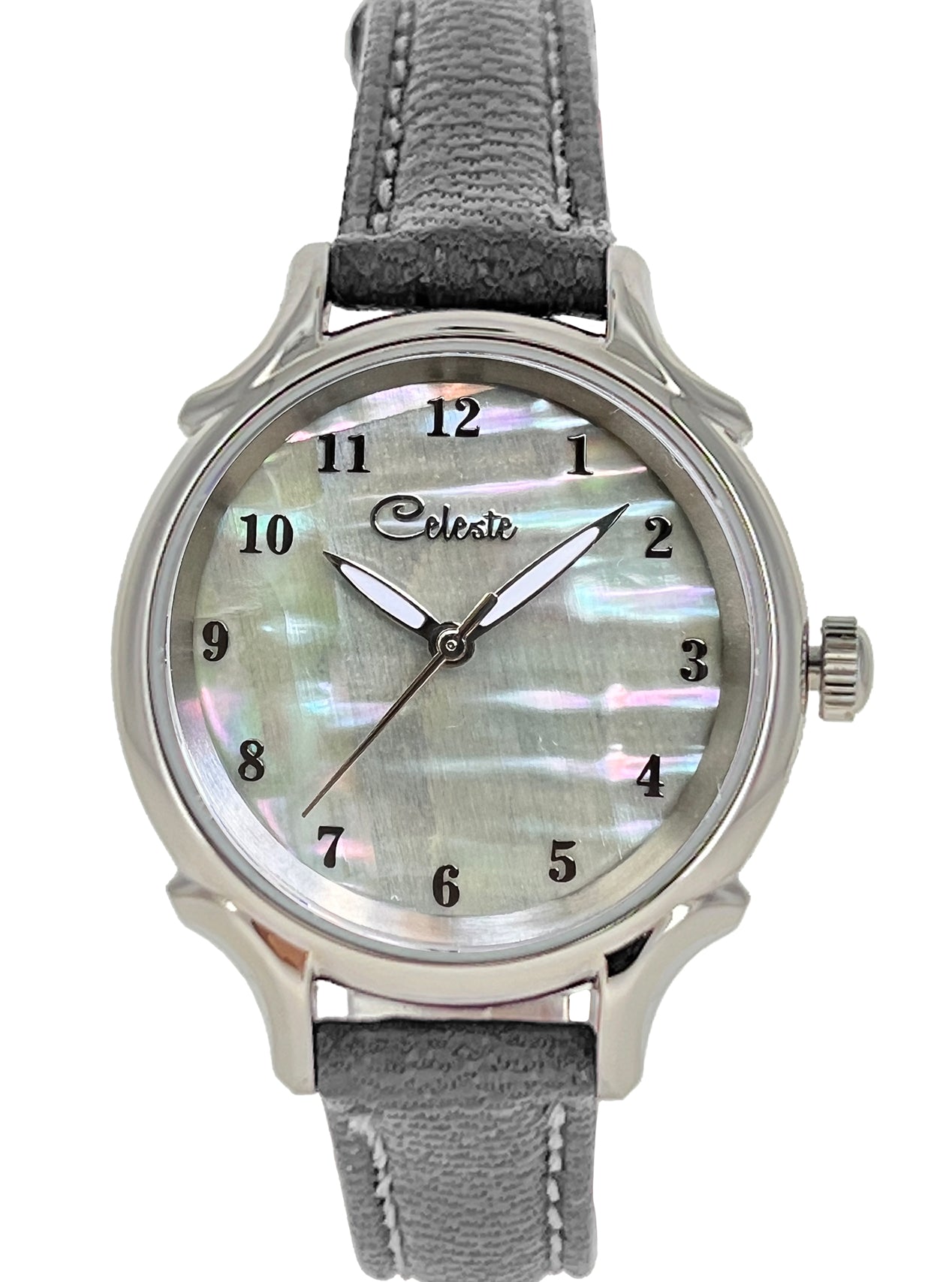 30mm Agoya abalone women's watch dial with a grey vegetable tanned leather band.