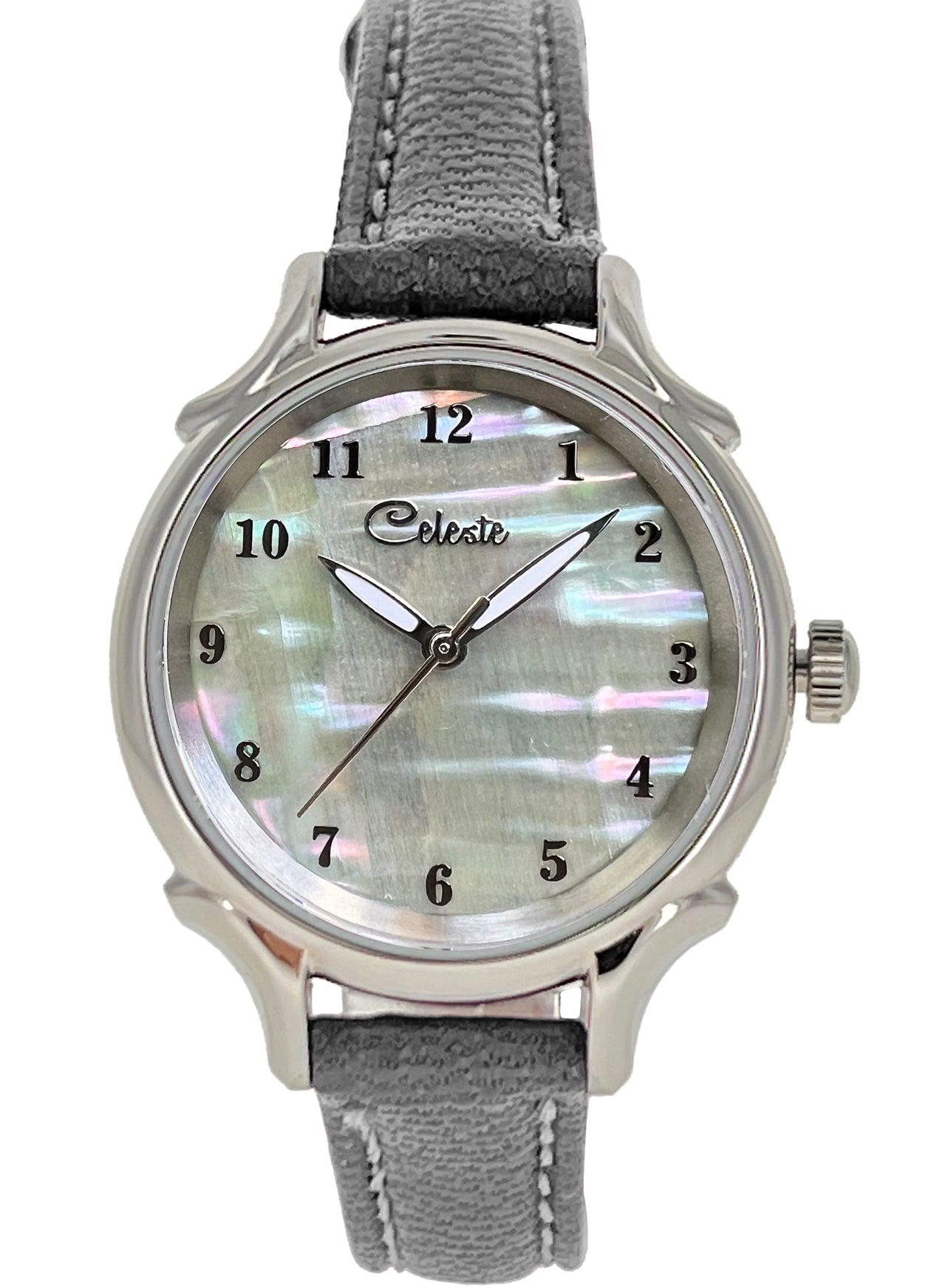 30mm Agoya abalone women's watch dial with a grey vegetable tanned leather band.