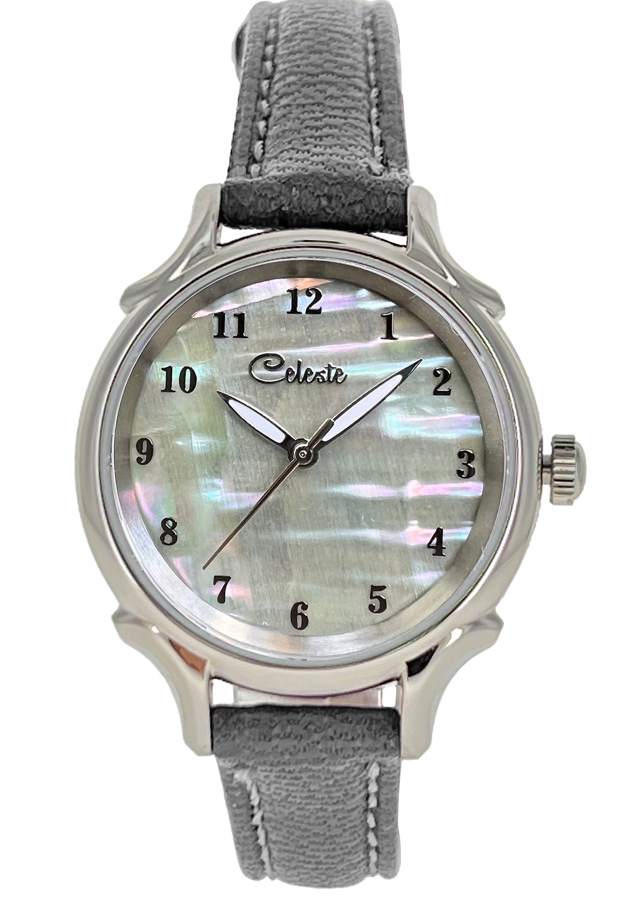 30mm Agoya abalone women's watch dial with a grey vegetable tanned leather band.