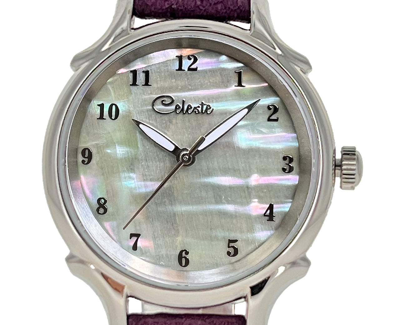 30mm Agoya abalone women's watch dial with a purple vegetable tanned leather band.