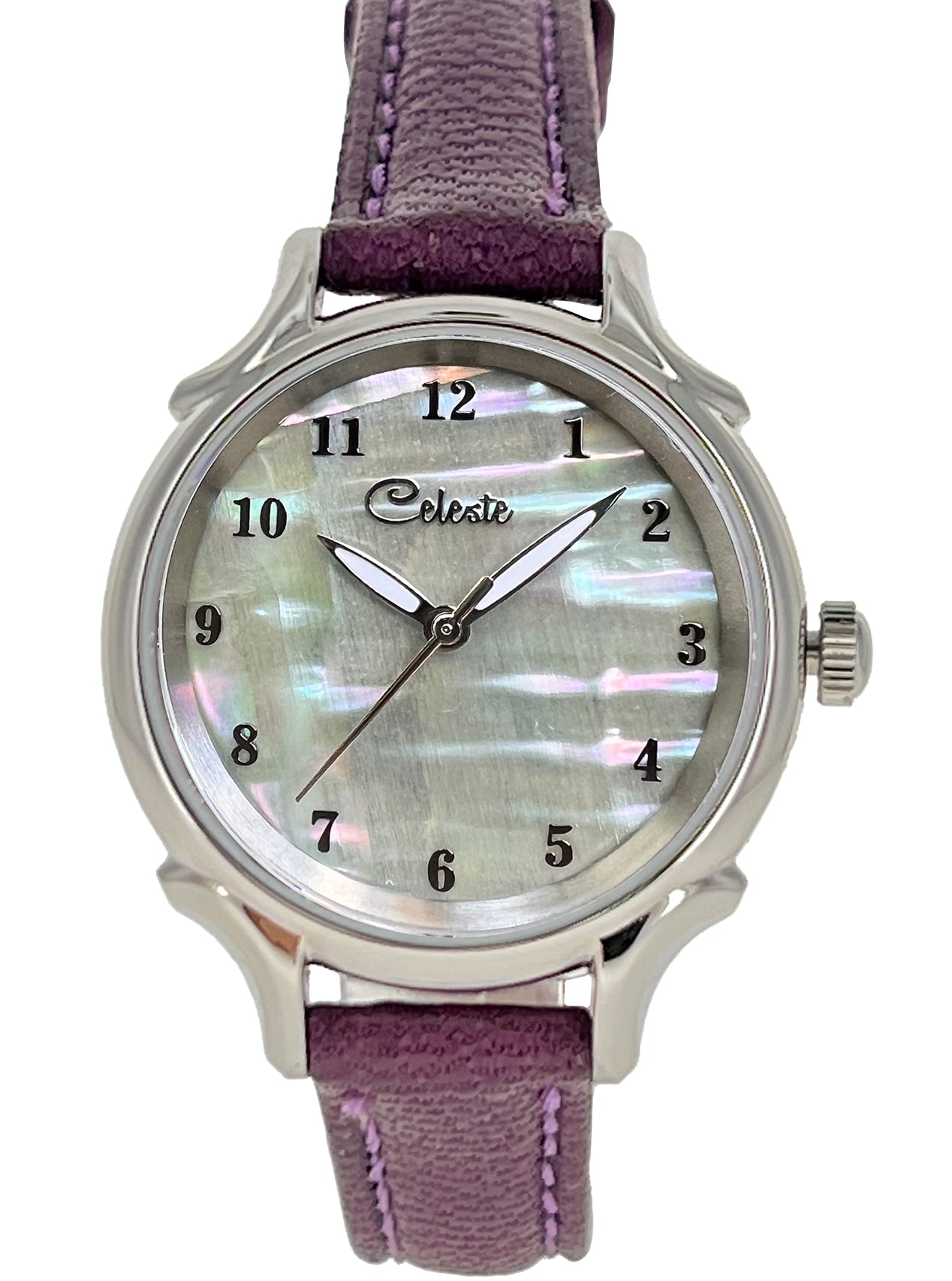 30mm Agoya abalone women's watch dial with a purple vegetable tanned leather band.