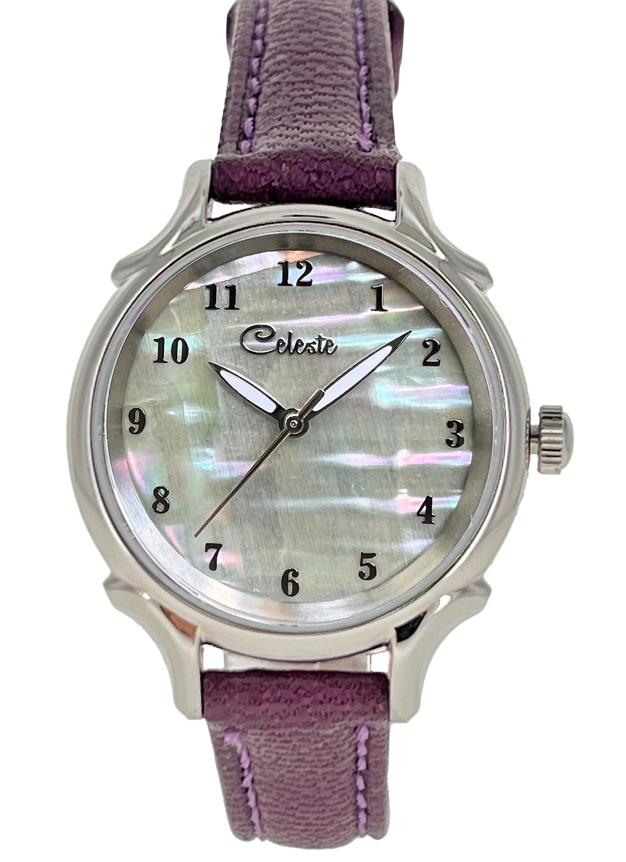 30mm Agoya abalone women's watch dial with a purple vegetable tanned leather band.