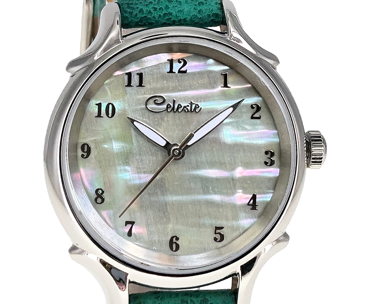 30mm Agoya abalone women's watch dial with a turquoise vegetable tanned leather band.