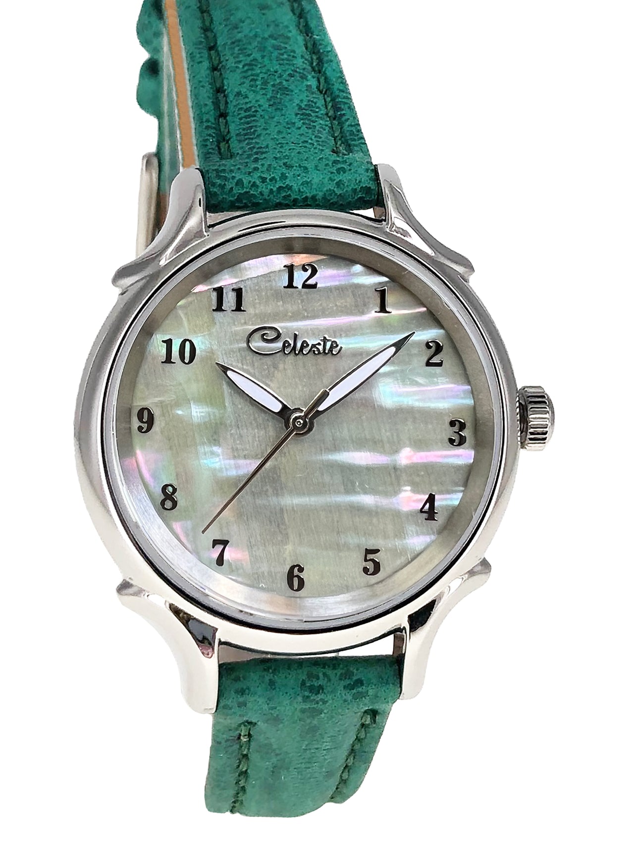 30mm Agoya abalone women's watch dial with a turquoise vegetable tanned leather band.