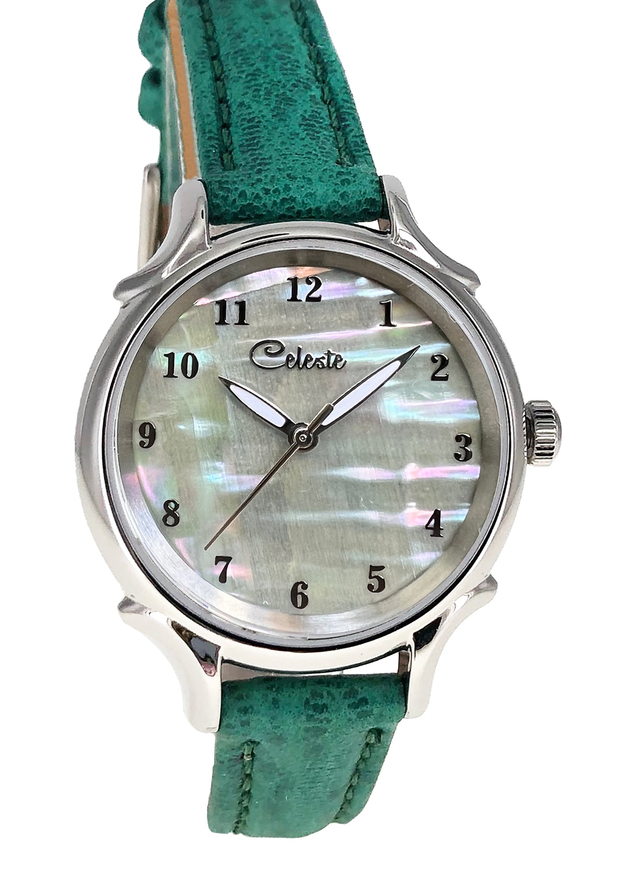 30mm Agoya abalone women's watch dial with a turquoise vegetable tanned leather band.