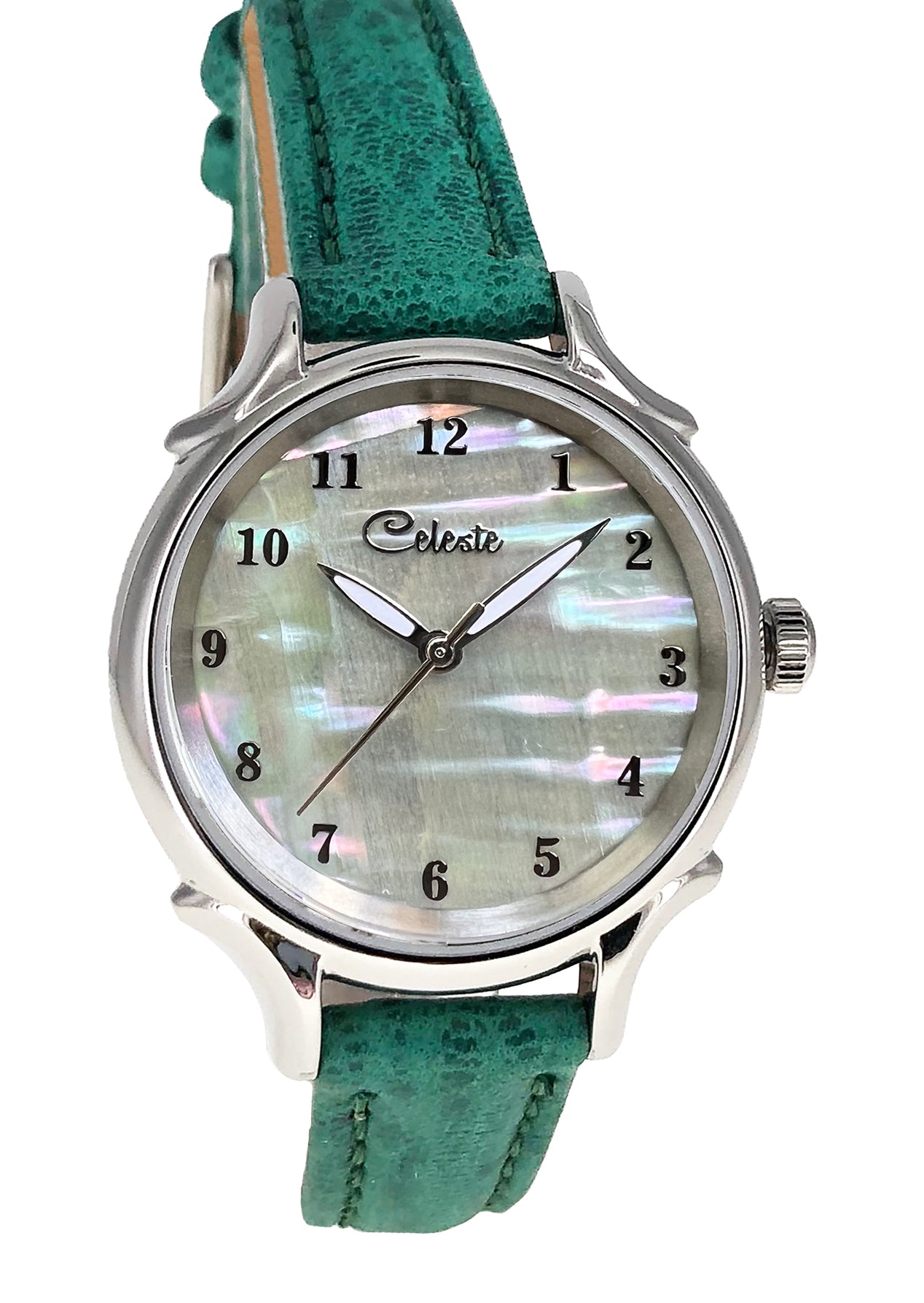 30mm Agoya abalone women's watch dial with a turquoise vegetable tanned leather band.