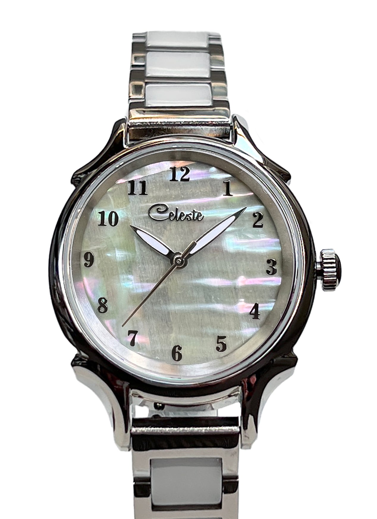 30mm Agoya abalone women's watch dial with a stainless steel with white ceramic links bracelet.