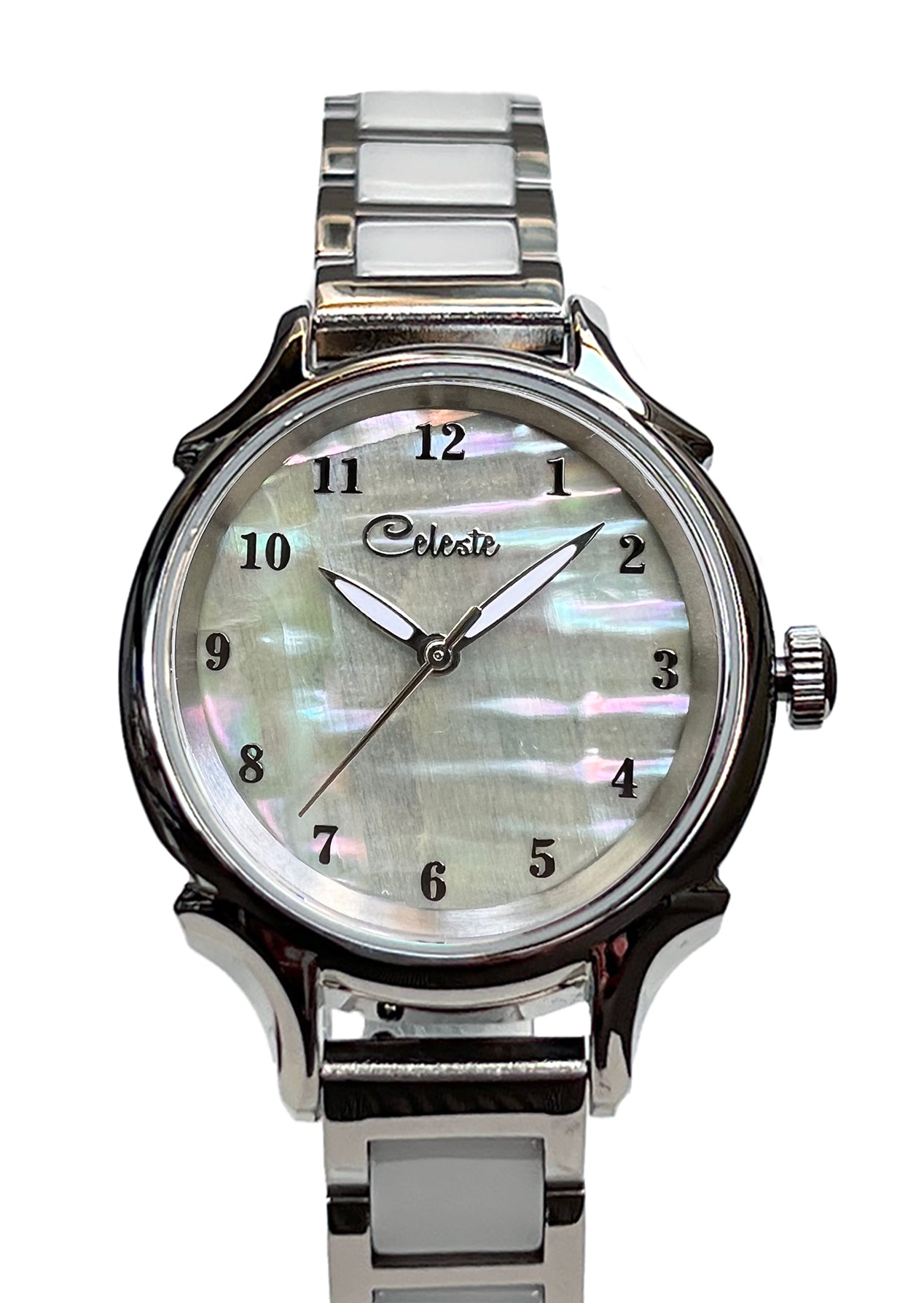 30mm Agoya abalone women's watch dial with a stainless steel with white ceramic links bracelet.