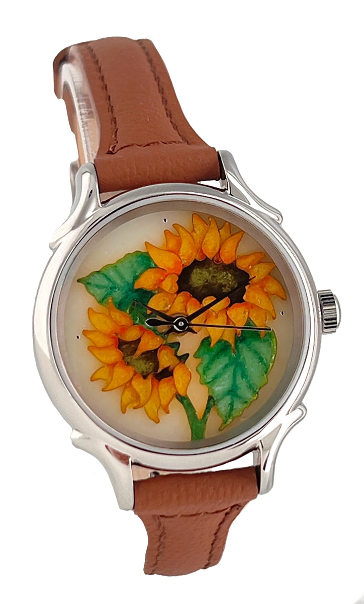 Palmero De Fleurs Floral Dial Leather Watch gold tone grey leather New SS350 Cloisonne Plumeria Watch – Darci Shea Studios main image 2
