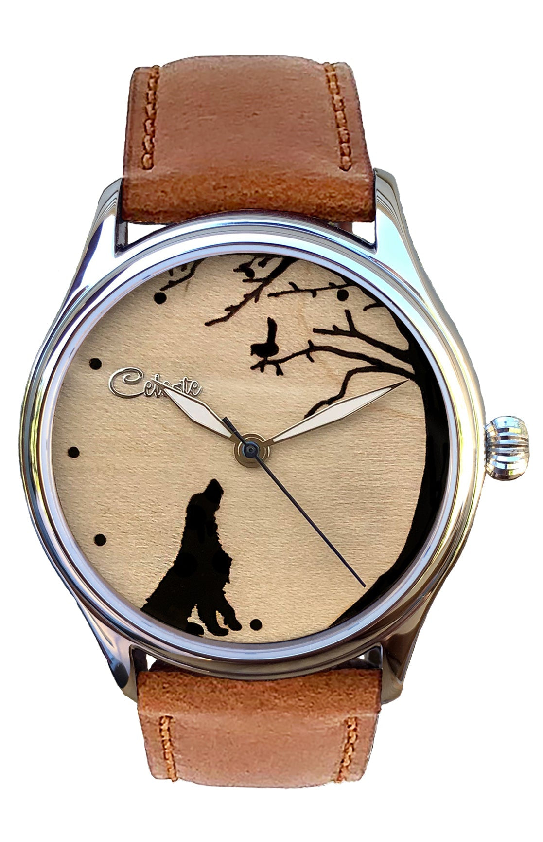 A wristwatch with a maple wood dial and a leather band, featuring an engraved image of a dog and a bird on the dial.