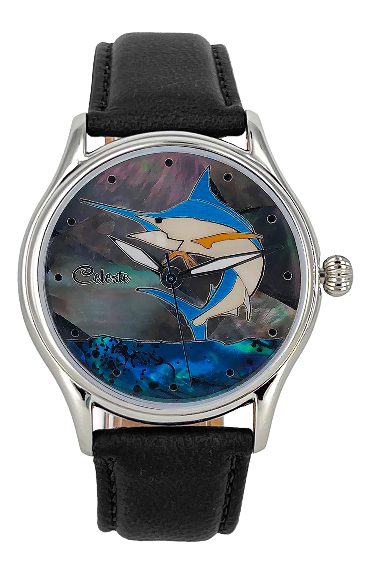 A silver-toned watch with a marlin fish design on the dial, set against a background of blue tinted paua abalone, with a black leather band.