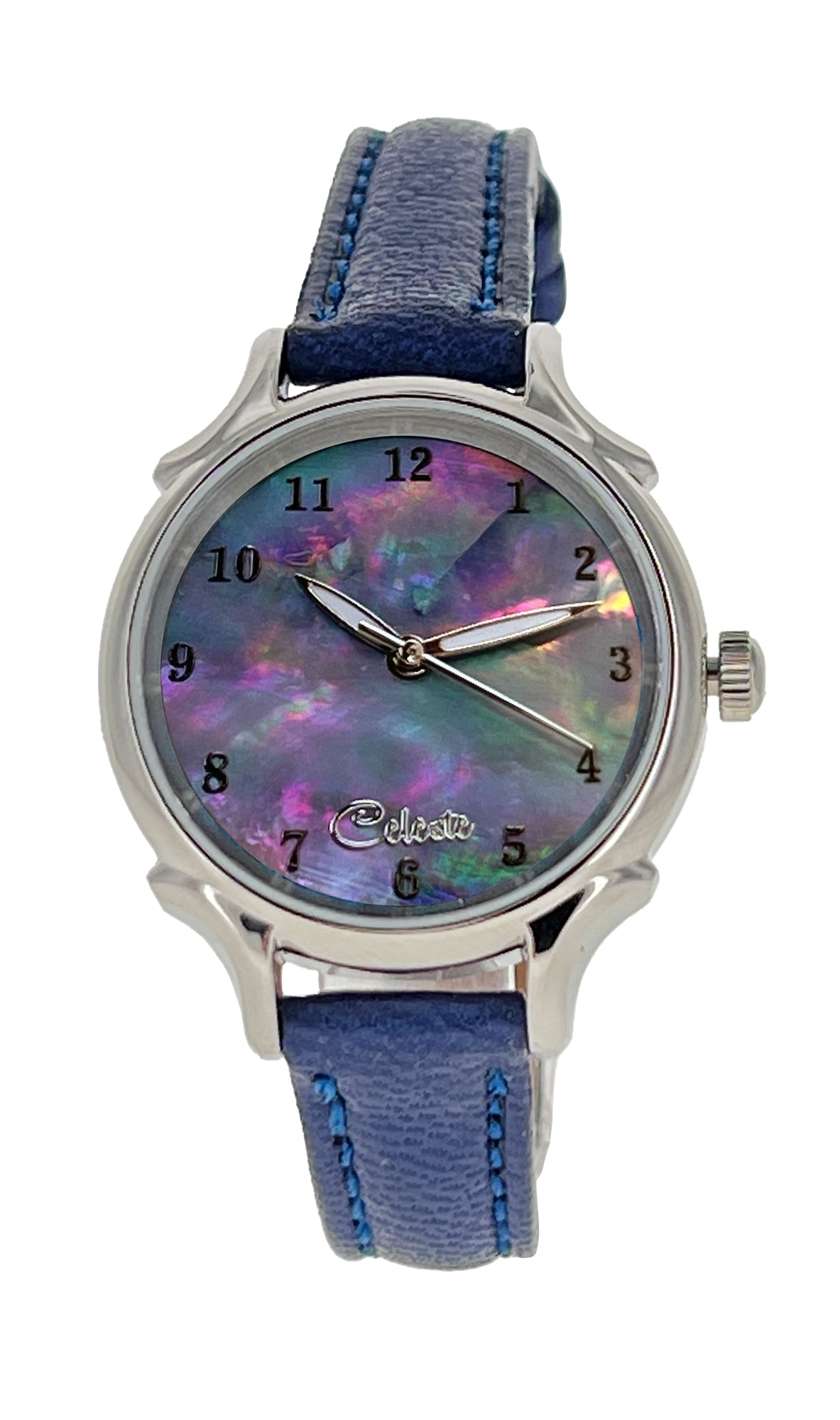 30mm Agoya abalone women's watch dial with a blue vegetable tanned leather band.
