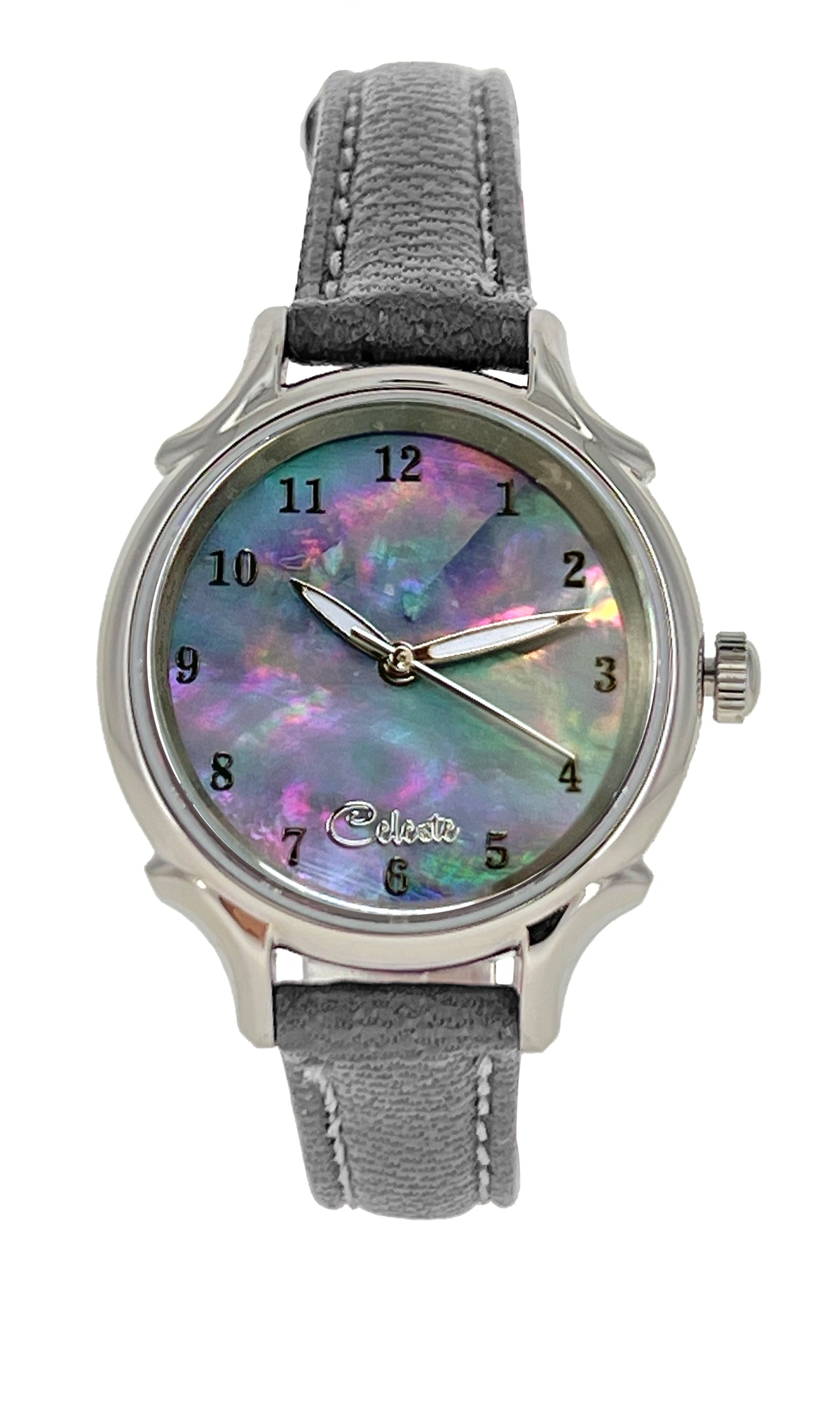 30mm Agoya abalone women's watch dial with a grey vegetable tanned leather band.