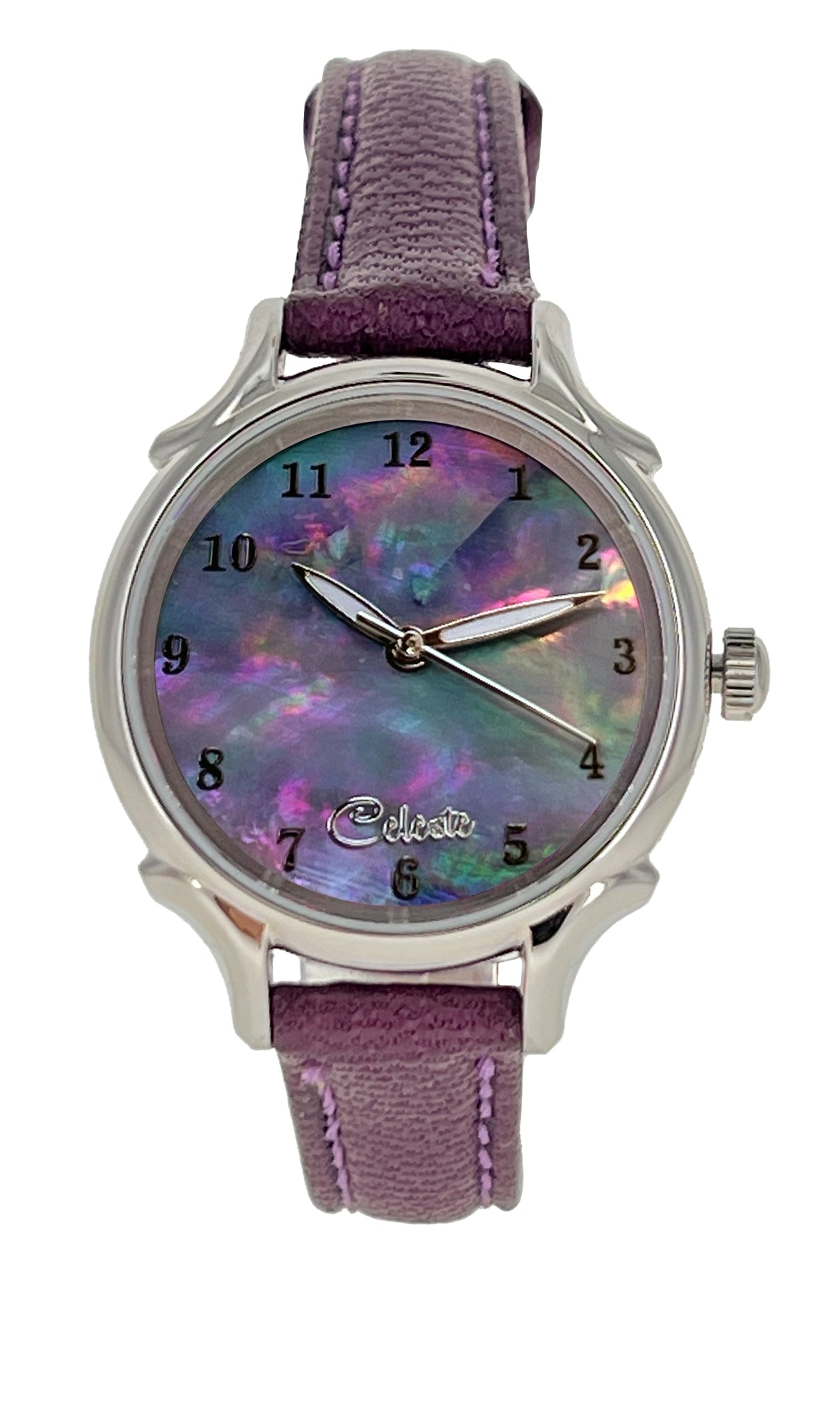 30mm Agoya abalone women's watch dial with a purple vegetable tanned leather band.