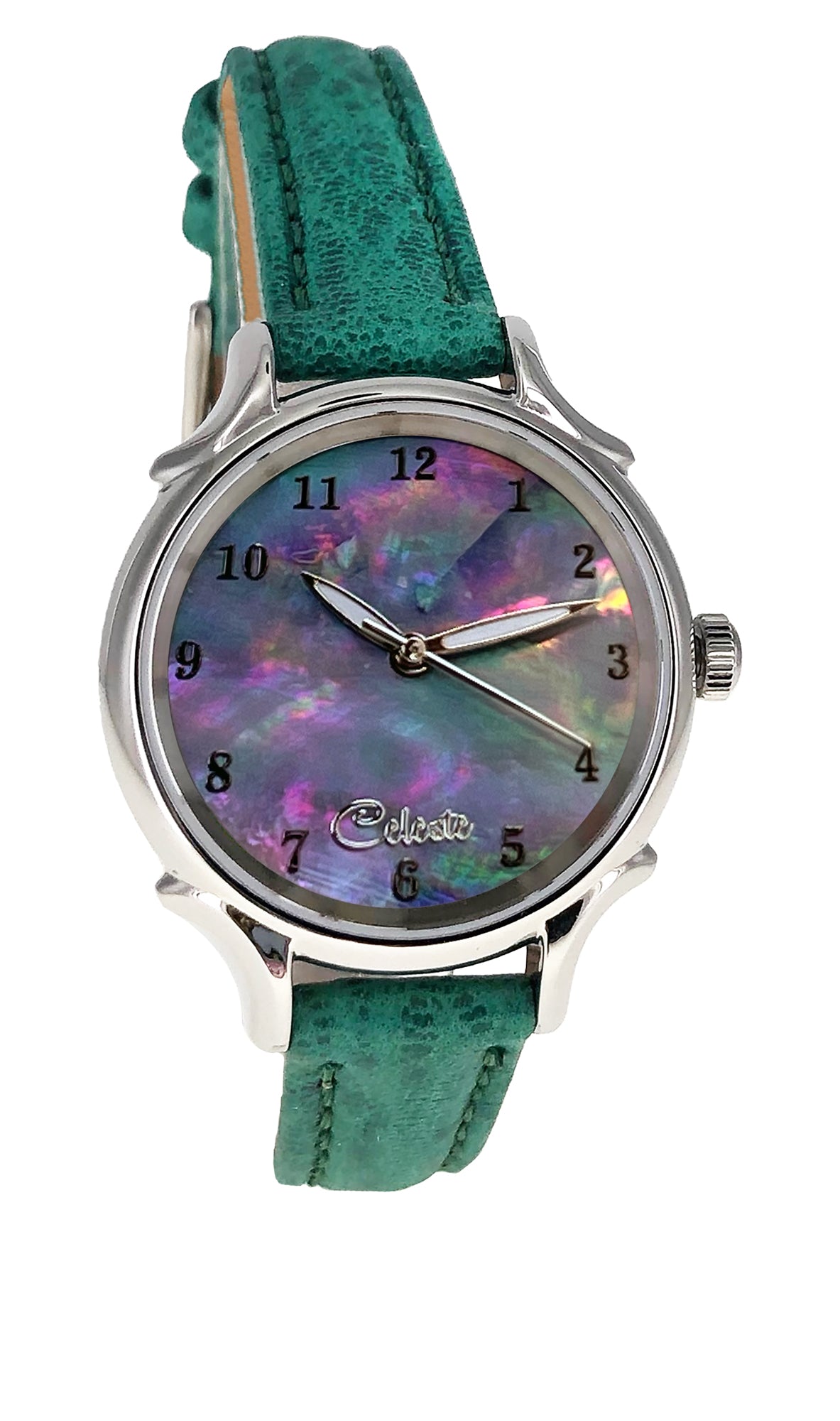 30mm Agoya abalone women's watch dial with a turquoise vegetable tanned leather band.