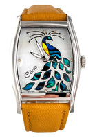 Watch with a peacock design on the face, featuring a yellow leather strap.