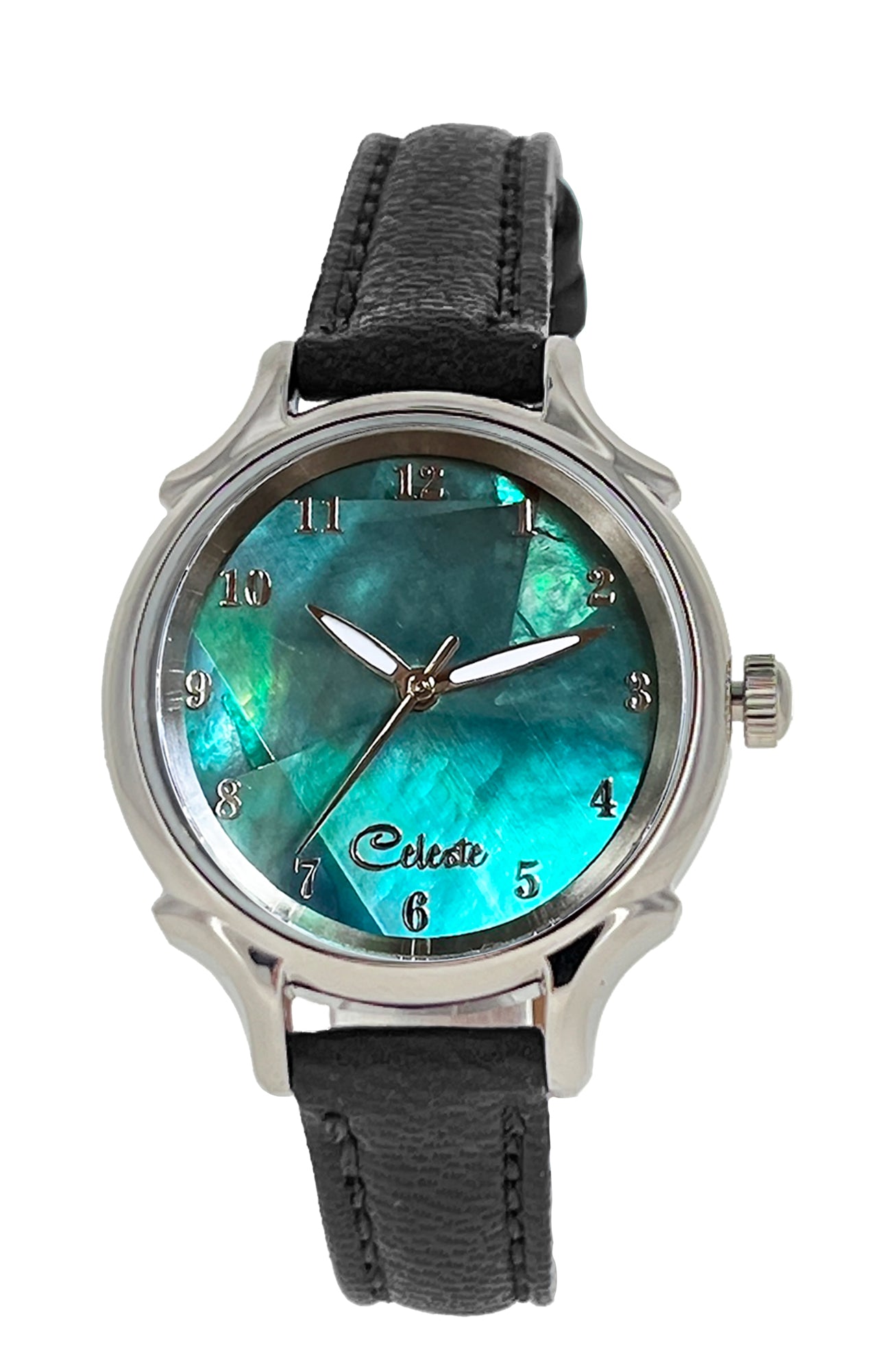 Emerald Eyes 30mm abalone dial women's watch with a black vegetable -tanned leather band.