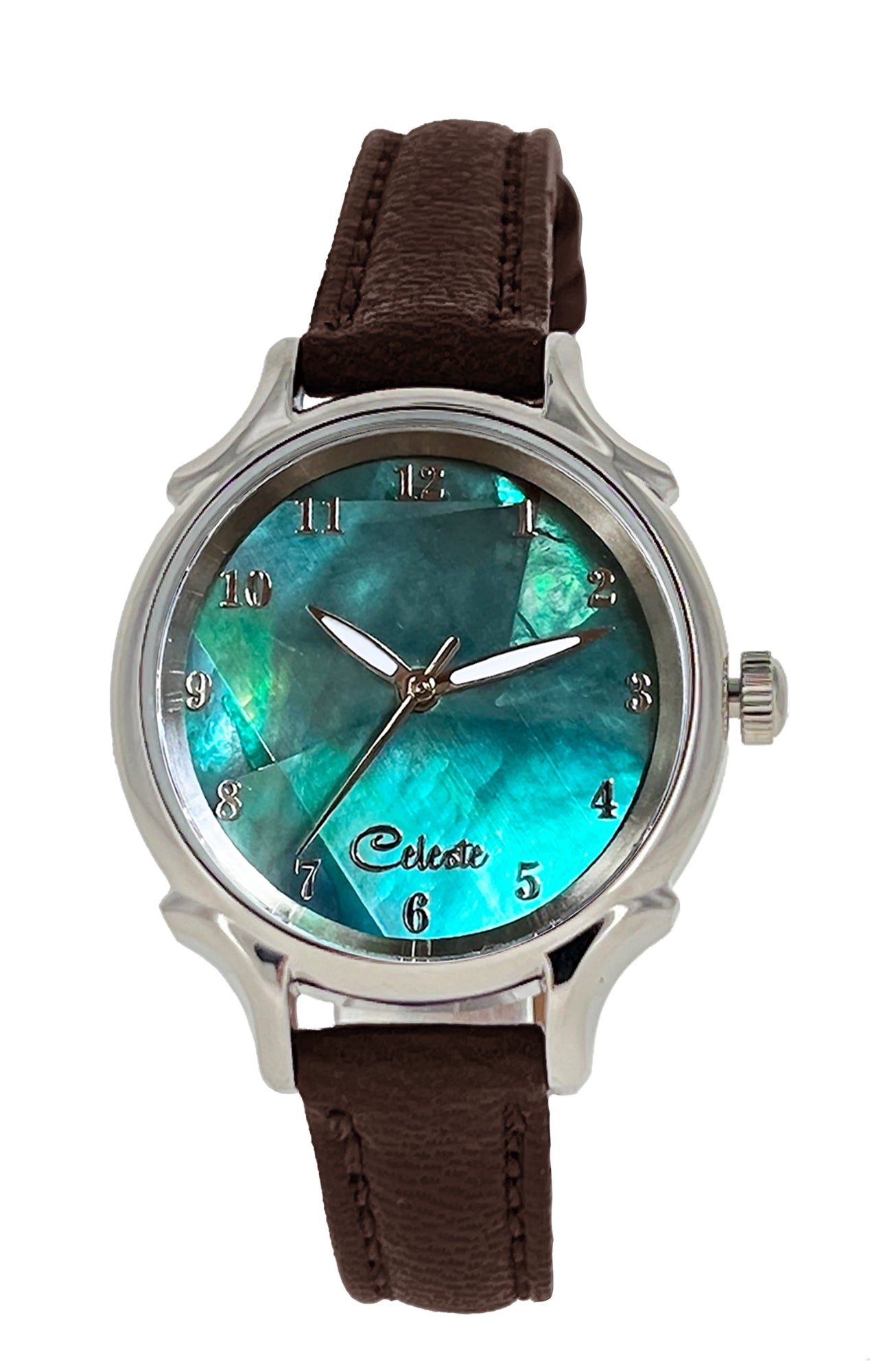 Emerald Eyes 30mm abalone dial women's watch with a brown vegetable -tanned leather band.