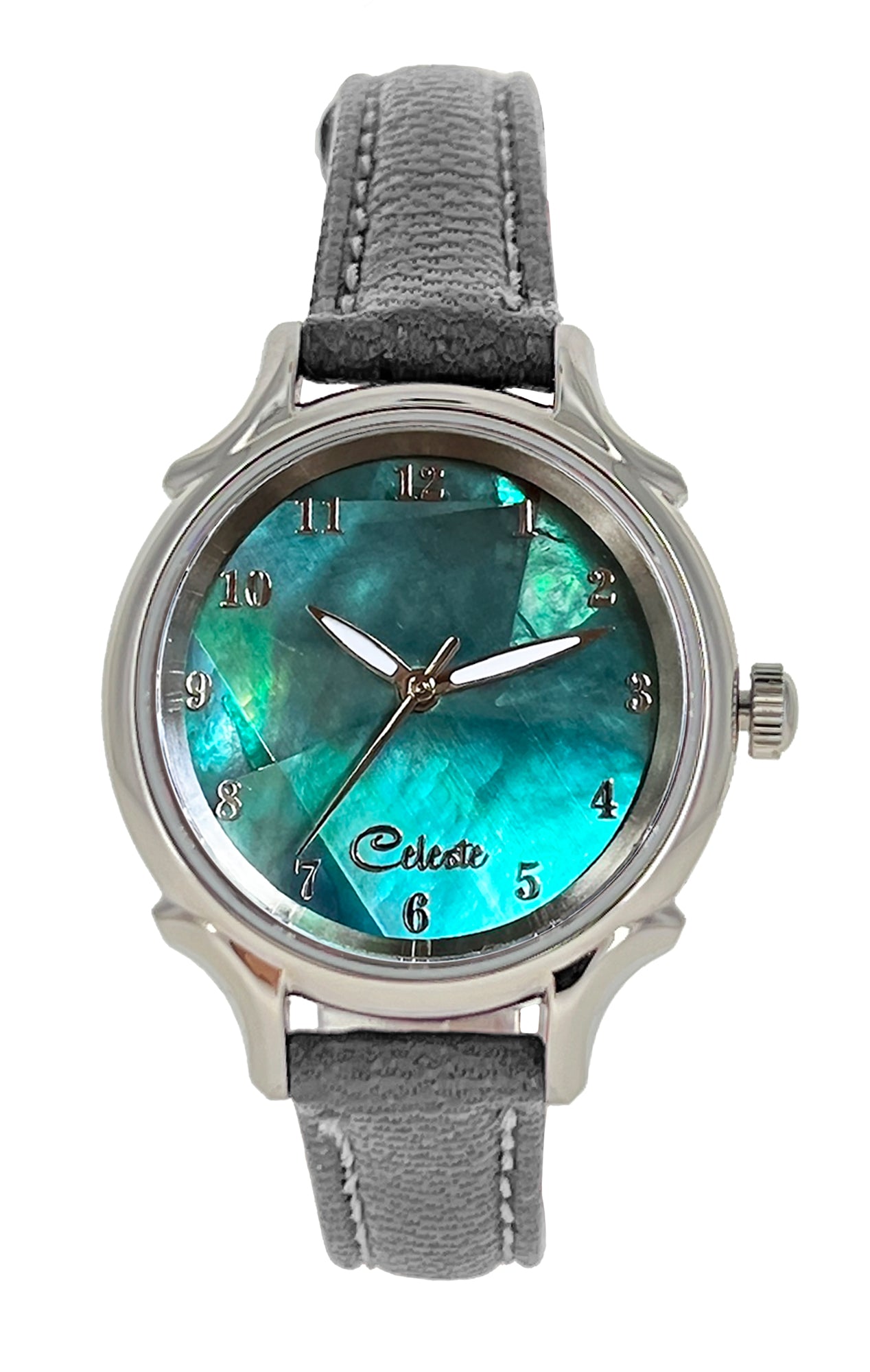 Emerald Eyes 30mm abalone dial women's watch with a grey vegetable -tanned leather band.