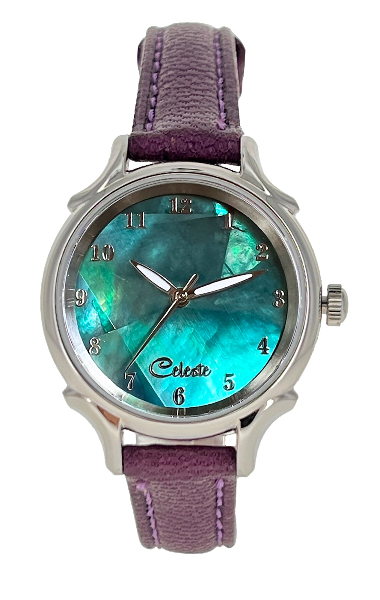 Emerald Eyes 30mm abalone dial women's watch with a purple vegetable -tanned leather band.