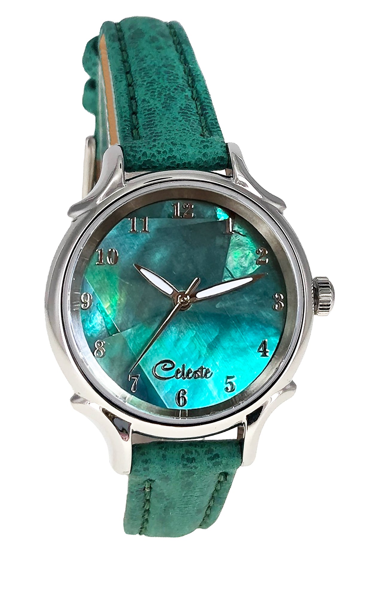 Emerald Eyes 30mm abalone dial women's watch with a turquoise vegetable -tanned leather band.