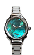 Emerald Eyes 30mm abalone dial women's watch with a stainless steel with white ceramic links bracelet.