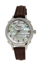 30mm Agoya abalone women's watch dial with a brown vegetable tanned leather band.