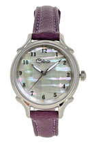 30mm Agoya abalone women's watch dial with a purple vegetable tanned leather band.