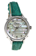 30mm Agoya abalone women's watch dial with a turquoise vegetable tanned leather band.