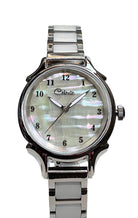 30mm Agoya abalone women's watch dial with a stainless steel with white ceramic links bracelet.